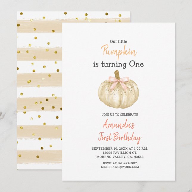 WHITE Gold Glitzer Pumpkin 1. Geburtstag Einladung (Vorne/Hinten)