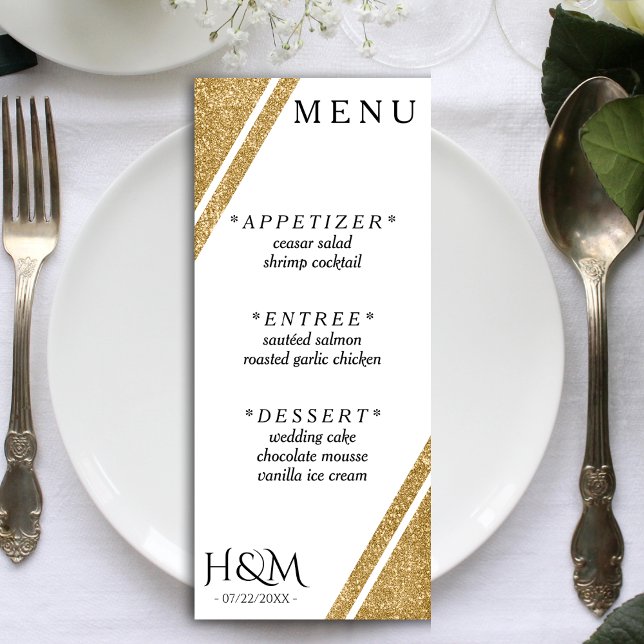 White & Gold Glitzer Stripe Hochzeitsempfang Menükarte (White & Gold Glitter Corner Stripe Wedding Reception Menu)