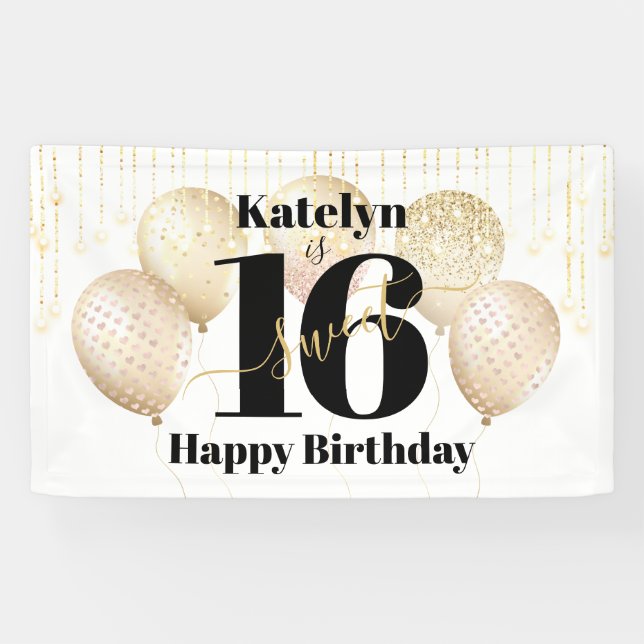 White Gold Glitzer Sweet 16 Birthday Balloons Bold Banner (Horizontal)