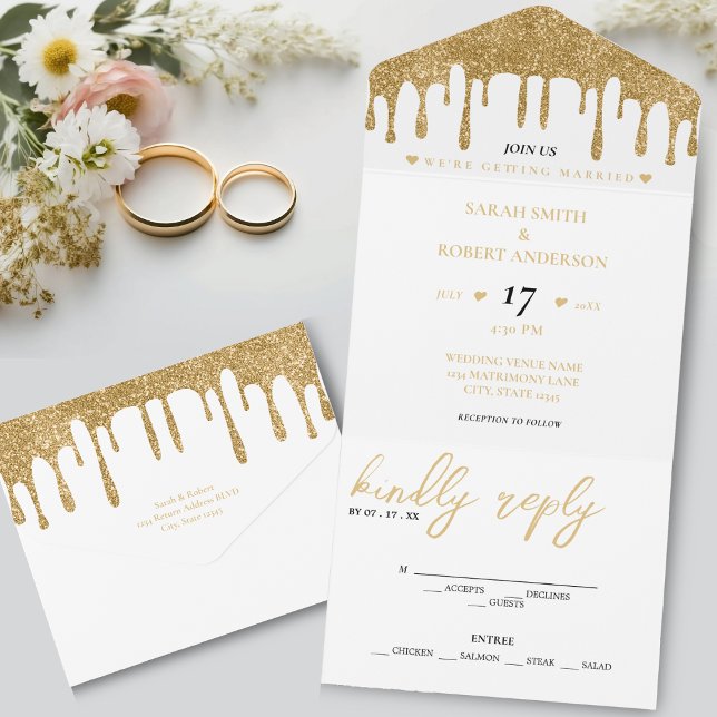 White & Gold Glitzer Tropfen Hochzeit All In One Einladung (White & Gold Glitter Drip Wedding All In One Invitation)