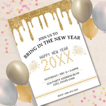 White & Gold Glitzer Tropfen Silvester Party 2024