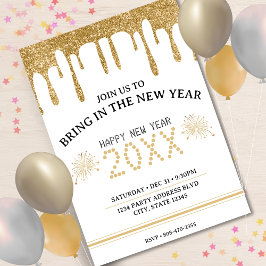 White & Gold Glitzer Tropfen Silvester Party 2024 Einladung
