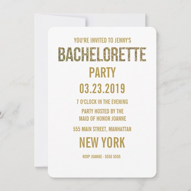 White Gold Glitzer Typografie Bachelorette Einladu Einladung (Vorderseite)