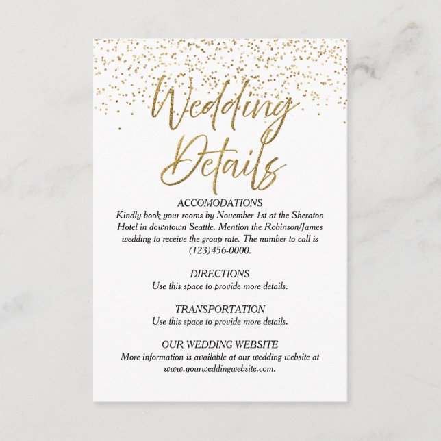 White & Gold Glitzer Wedding Details Card Begleitkarte (Vorderseite)