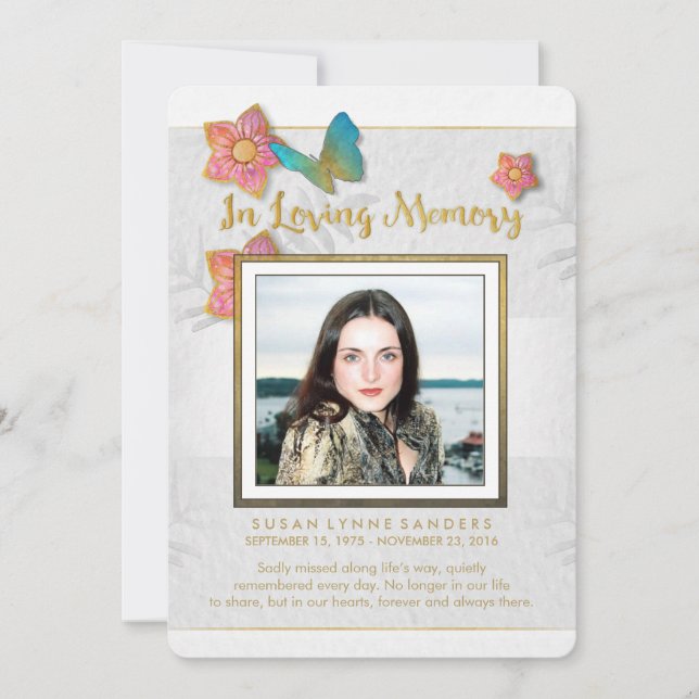 White Gold & Gray Butterfly Memorial Vielen Dank Dankeskarte (Vorderseite)