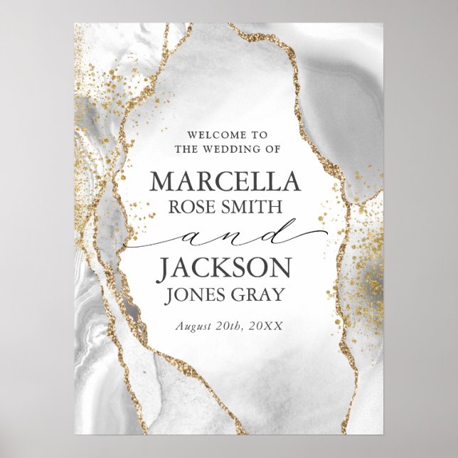 White, Gold & Gray Mist Agate Wedding Poster (Vorne)