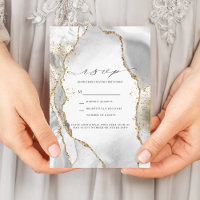 White, Gold & Gray Mist Agate Wedding RSVP