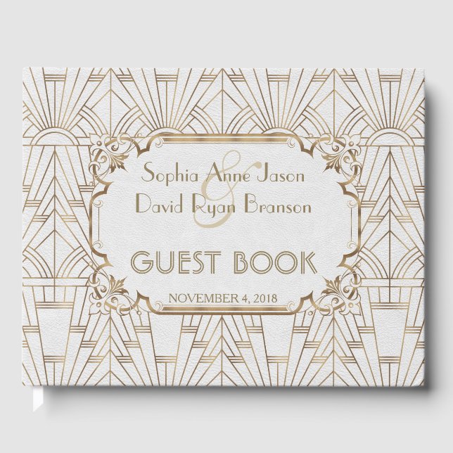 White Gold Great Gatsby Art Deco 1920er Hochzeit Gästebuch (Vorderseite)