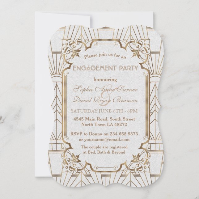 White Gold Great Gatsby Art Deco Engagement Party Einladung (Vorderseite)