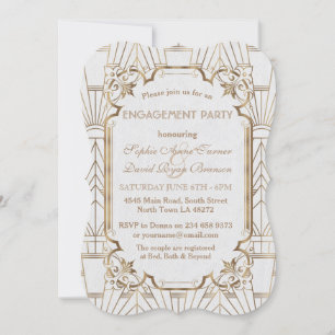 White Gold Great Gatsby Art Deco Engagement Party Einladung
