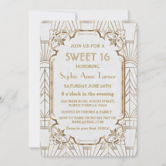 White Gold Great Gatsby Art Deco Sweet 16 Einladun Einladung