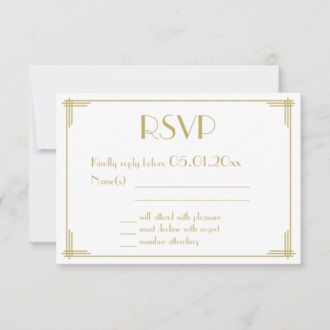 White Gold Great Gatsby Art Deco Wedding RSVP Card (Vorderseite)