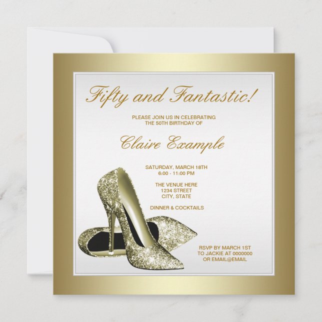 White Gold High Heels Frauen 50. Geburtstag Einladung (Vorderseite)