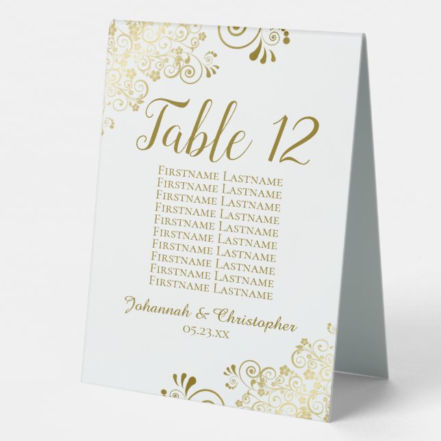 White & Gold Hochzeitsskalender-Tischnummer Tischaufsteller (Rückseite)