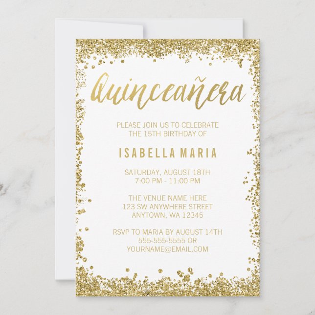 White Gold Imitate Glitzer Quinceanera 15. Geburts Einladung (Vorderseite)