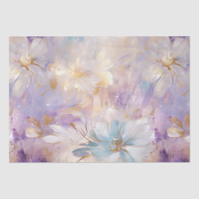 White Gold Lila Blue Floral Seidenpapier (Vorderseite)