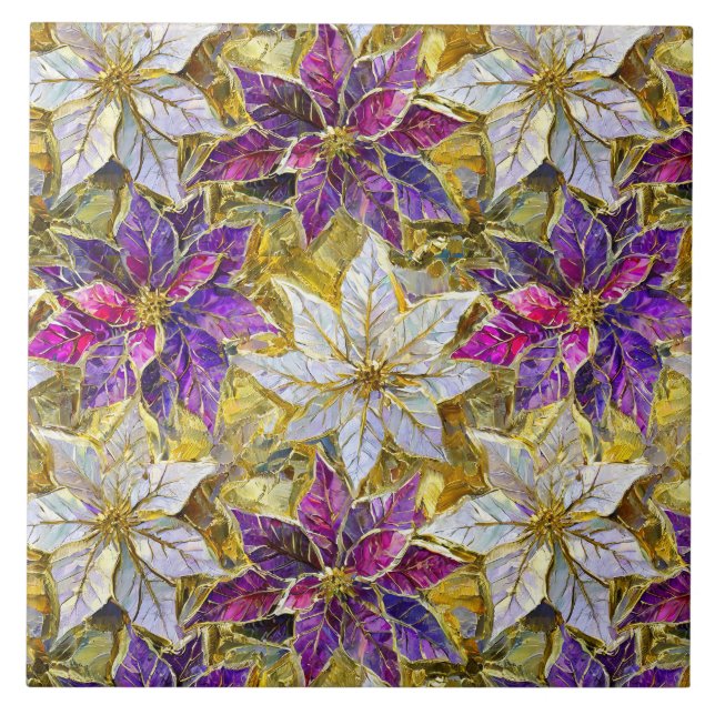 White Gold Lila Pink Christmas Poinsettias Fliese (Vorderseite)