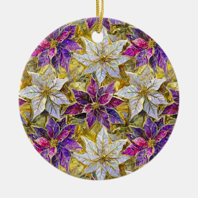 White Gold Lila Pink Christmas Poinsettias Keramik Ornament (Vorne)
