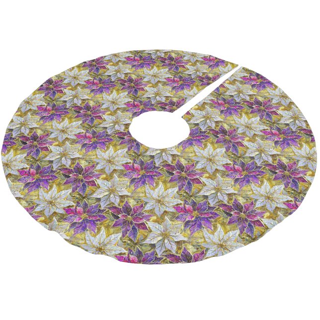 White Gold Lila Pink Christmas Poinsettias Polyester Weihnachtsbaumdecke (Schrägansicht)
