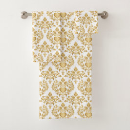 White & Gold Look Damask Herzklopfen Handtuch Set