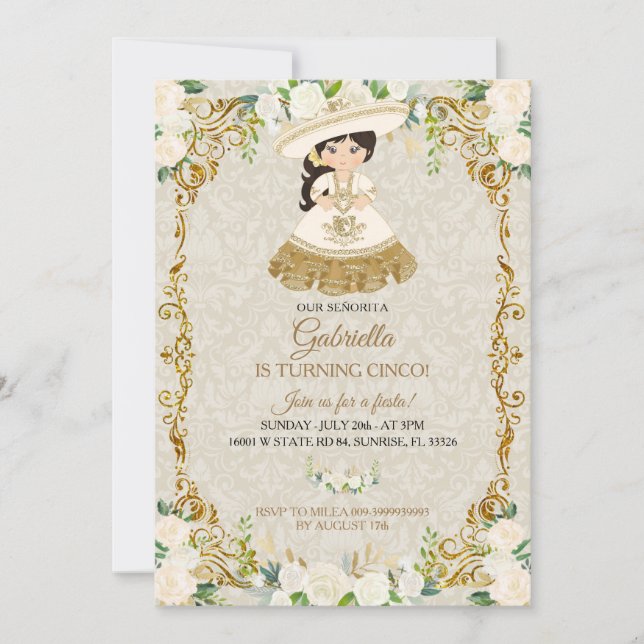 White & Gold Mexican Girl macht Cinco Party Einladung (Vorderseite)