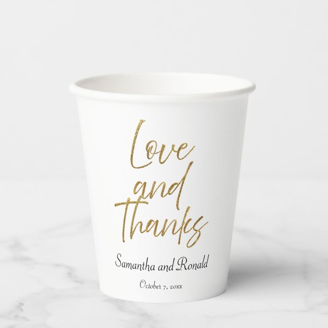 White & Gold Minimalistische Liebe & Danke Hochzei Pappbecher (Vorderseite)