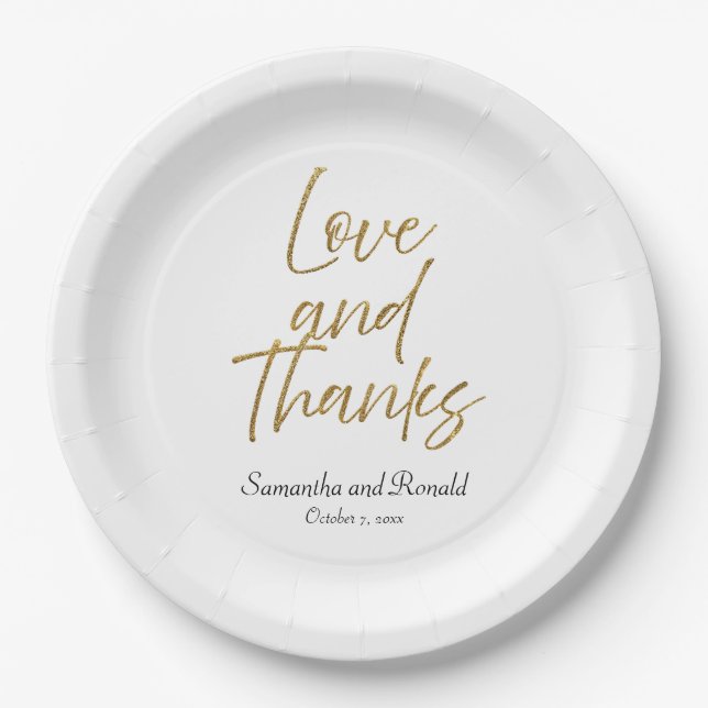 White & Gold Minimalistische Liebe & Danke Hochzei Pappteller (Vorderseite)