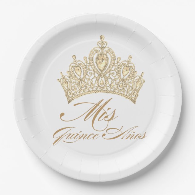 White Gold Mis Quince Anos Chic Elegante Tiara Pappteller (Vorderseite)