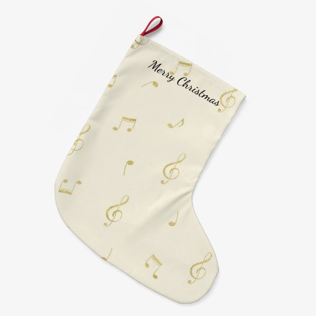 White Gold Music Notes Christmas Großer Weihnachtsstrumpf (Vorderansicht (hängend))