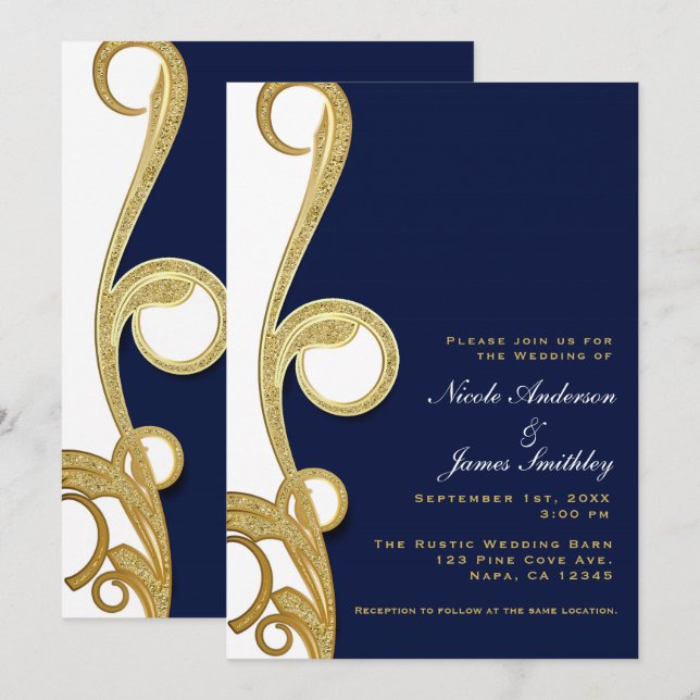 White Gold Navy Blue Chic Elegante Swirl Hochzeit Einladung (Vorne/Hinten)