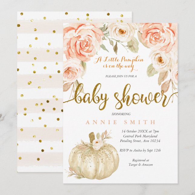 White Gold Peach baby shower fille de carte d'invi (Devant / Derrière)