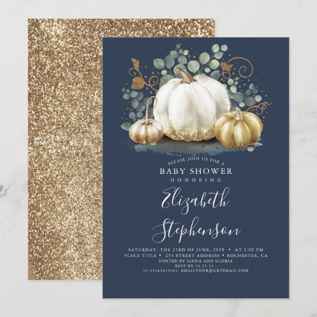White Gold Pumpkins Navy Blue Fall Baby Dusche Einladung (Vorne/Hinten)