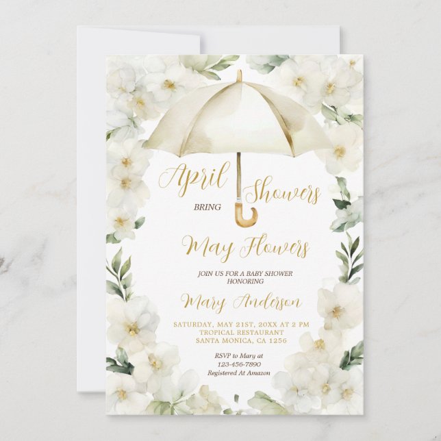 White Gold Regenschirm April Duschen laden ein Einladung (Vorderseite)