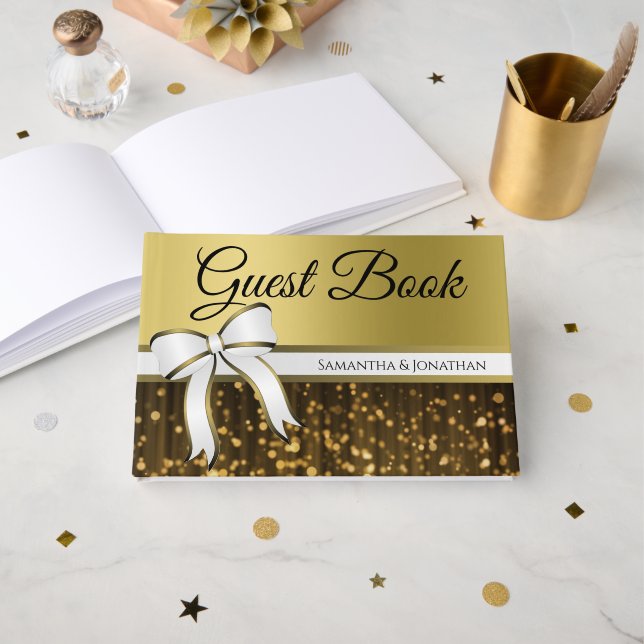 White & Gold Ribbon & Bow Imitate Hochzeit Gästebuch (Vorderseite Offen)