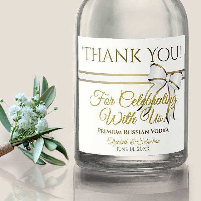 White & Gold Ribbon Wedding Vielen Dank Alkoholflaschenetikett (Von Creator hochgeladen)
