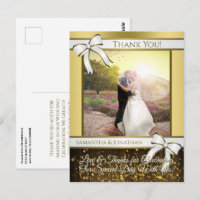 White & Gold Ribbon Wedding Vielen Dank Postcard