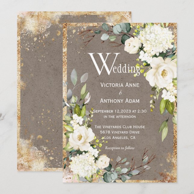 White Gold Rustic Floral Brown Hochzeit Einladung (Vorne/Hinten)