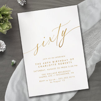 White & Gold Script | Einfaches Elegant 60. Geburt Einladung