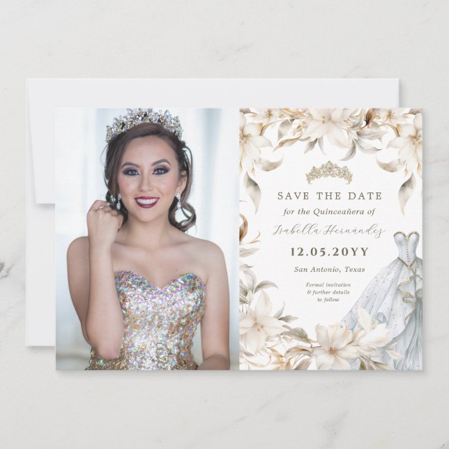 White Gold Silver Winter Florals Quinceañera Dress Save The Date (Vorderseite)