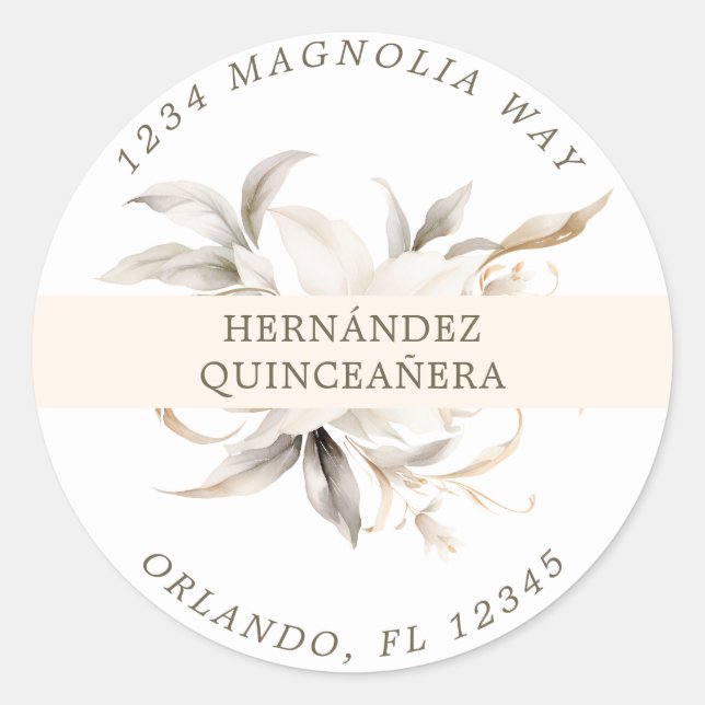 White Gold Silver Winter Florals Quinceañera Runder Aufkleber (Vorderseite)