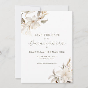 White Gold Silver Winter Florals Quinceañera Save The Date