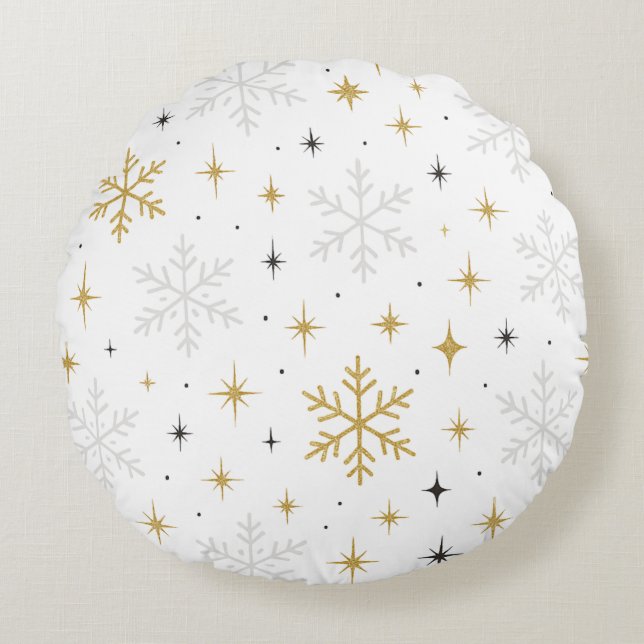 White & Gold Snowflake Sparkle Throw Pillow  Rundes Kissen (Vorderseite)