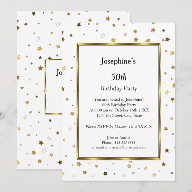 White Gold Stars 50e Anniversaire Fête Invitation (Devant / Derrière)