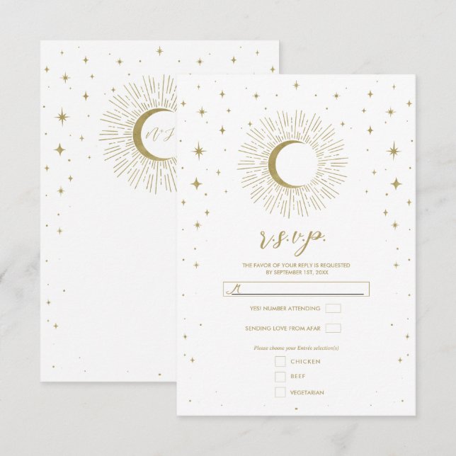 White & Gold Stars Celestial Sunburst Moon UAWG RSVP Karte (Vorne/Hinten)