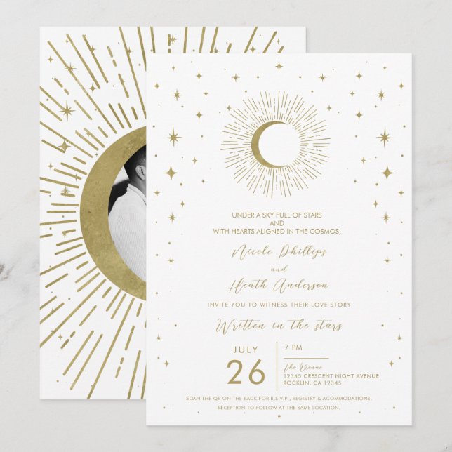 White & Gold Stars Celestial Sunburst Moon Wedding Einladung (Vorne/Hinten)