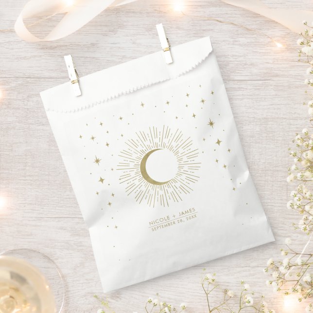 White & Gold Stars Celestial Sunburst Moon Wedding Geschenktütchen (Ausgeschnitten)