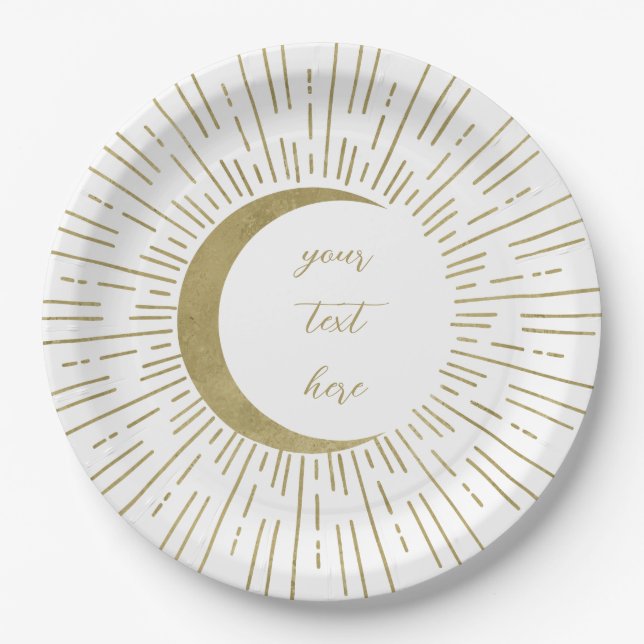 White & Gold Stars Celestial Sunburst Moon Wedding Pappteller (Vorderseite)