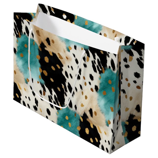 White Gold Türkise Black Cowhide Name Große Geschenktüte (Vorderseite Schrägansicht)