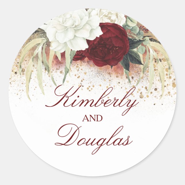 White Gold und Burgund Red Floral Wedding Runder Aufkleber (Vorderseite)