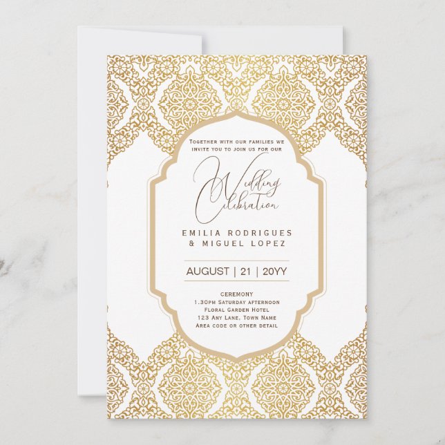 White Gold Wedding Thema Verziert Elegante Klasse Einladung (Vorderseite)